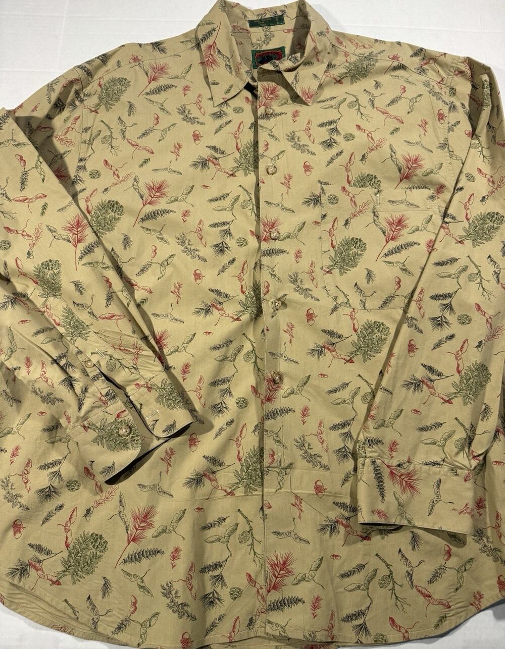Boston Traders Men's XL Beige Floral Print Woven Cotton Long Sleeve Button-Up